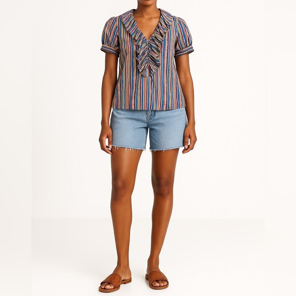 AMERICAN LIVING Ruffle Front Blouse | M | Multicolor Stripe | Retro Preppy Y2K